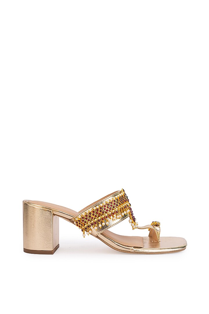 Gold Leatherette Stone Embroidered Heels by 5 Elements at Pernia's Pop Up Shop