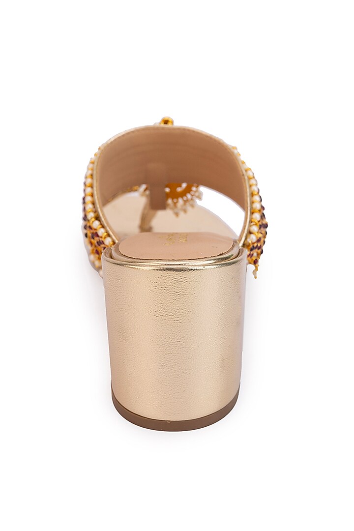Gold Leatherette Stone Embroidered Heels by 5 Elements at Pernia's Pop Up Shop