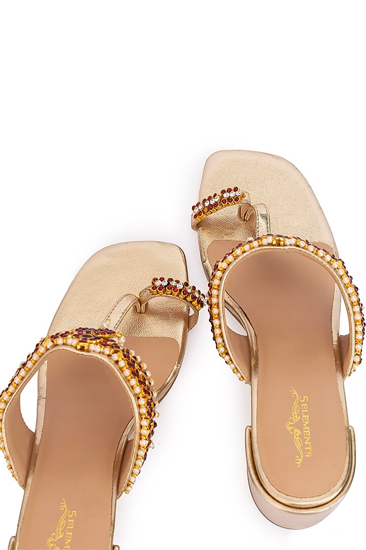 Gold Leatherette Stone Embroidered Heels by 5 Elements at Pernia's Pop Up Shop