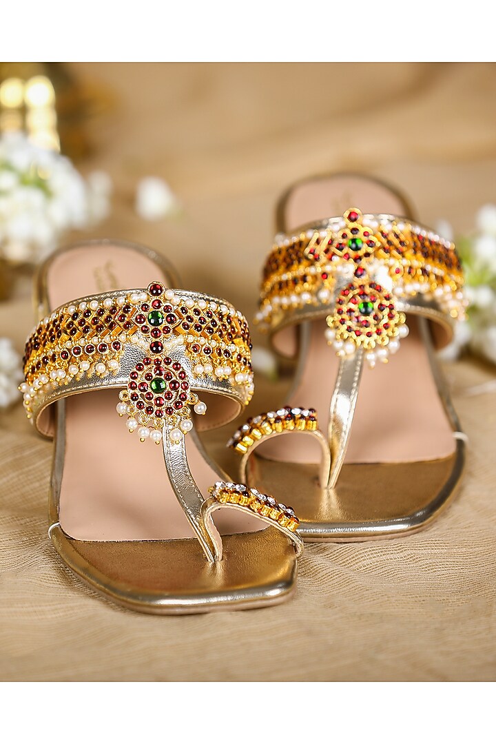 Gold Leatherette Stone Embroidered Heels by 5 Elements at Pernia's Pop Up Shop