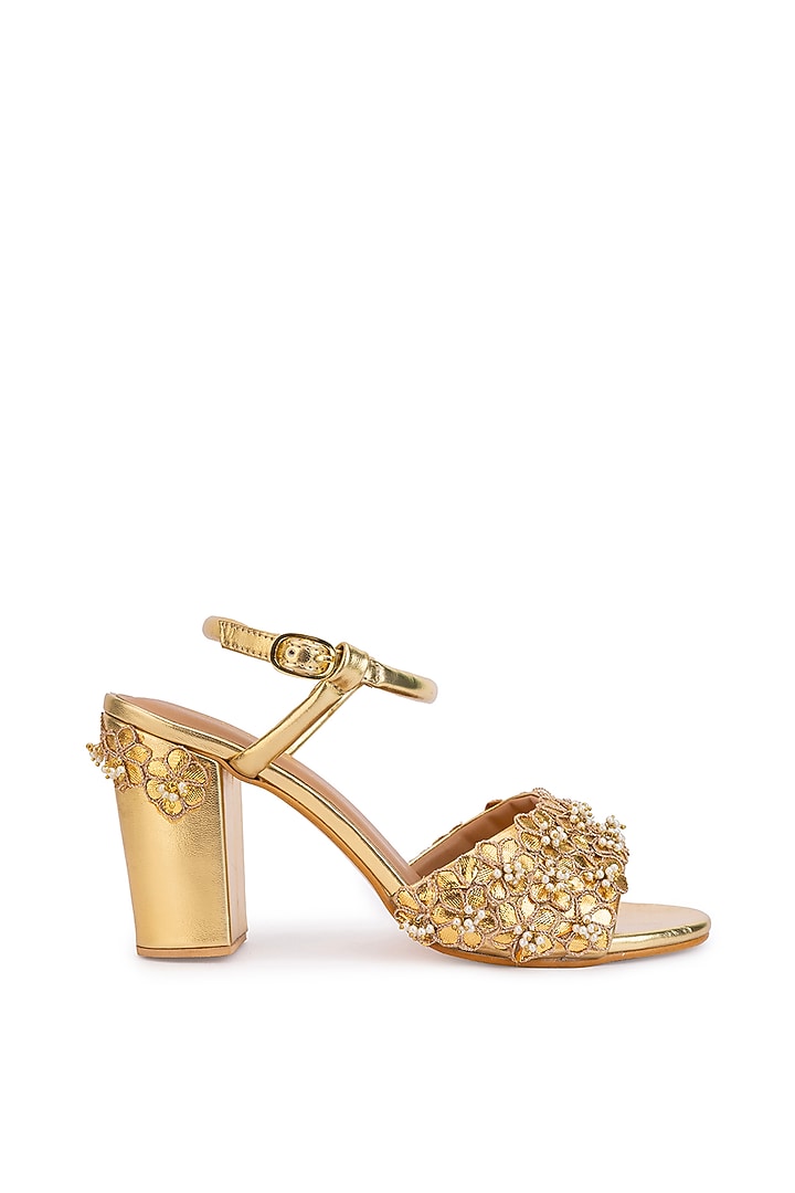 Gold Leatherette Sequins Embroidered Heels by 5 Elements at Pernia's Pop Up Shop