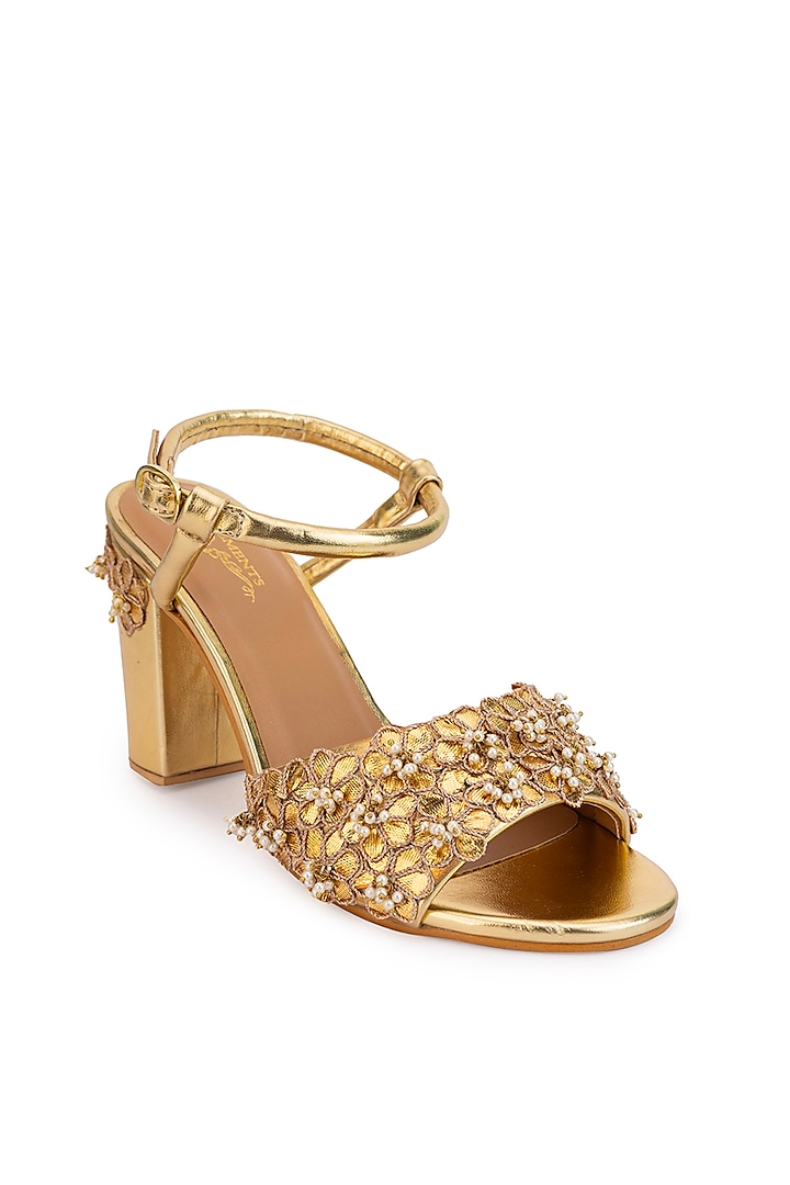 Gold Leatherette Sequins Embroidered Heels by 5 Elements at Pernia's Pop Up Shop