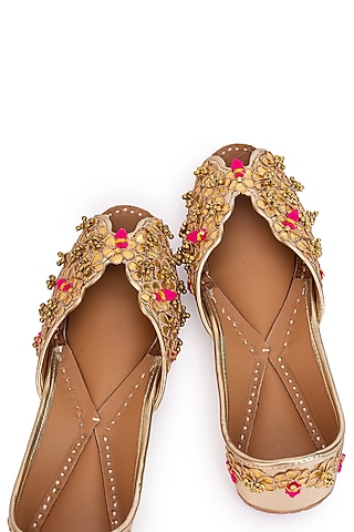 Gold Leatherette Gota Work Juttis by 5 Elements