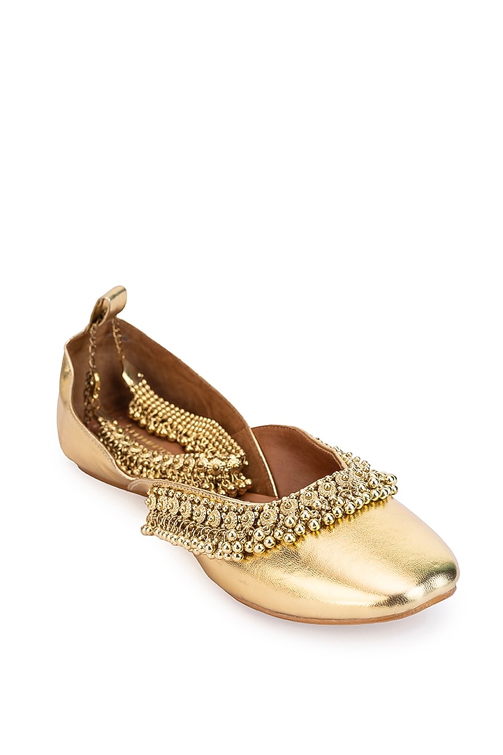 Gold Leatherette Ghungroo Embroidered Juttis by 5 Elements at Pernia's Pop Up Shop