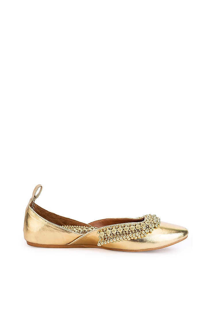 Gold Leatherette Ghungroo Embroidered Juttis by 5 Elements at Pernia's Pop Up Shop