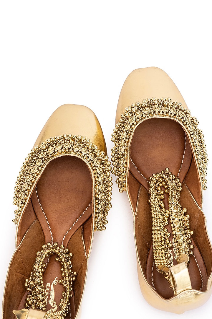 Gold Leatherette Ghungroo Embroidered Juttis by 5 Elements at Pernia's Pop Up Shop