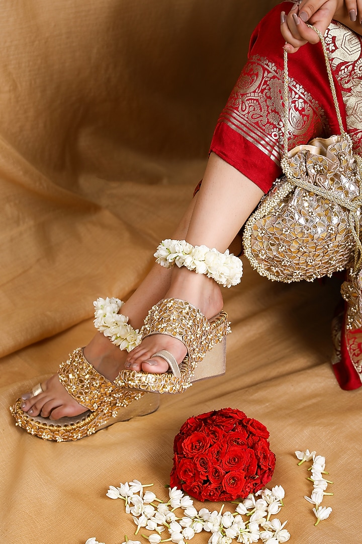 Gold Leatherette Pearl Embroidered Wedges by 5 Elements at Pernia's Pop Up Shop
