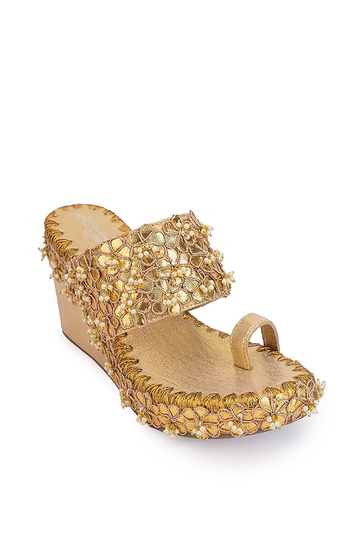 Gold Leatherette Pearl Embroidered Wedges by 5 Elements at Pernia's Pop Up Shop