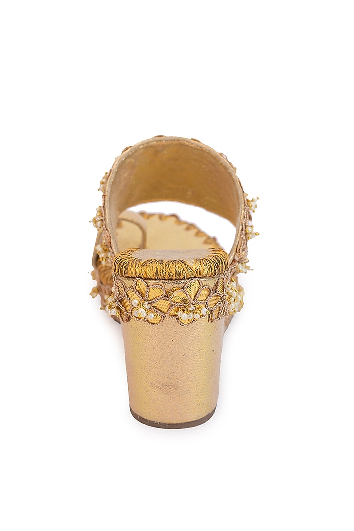 Gold Leatherette Pearl Embroidered Wedges by 5 Elements at Pernia's Pop Up Shop