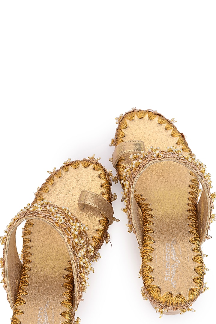 Gold Leatherette Pearl Embroidered Wedges by 5 Elements at Pernia's Pop Up Shop