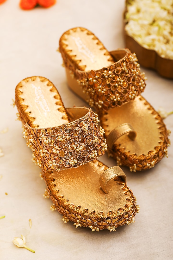 Gold Leatherette Pearl Embroidered Wedges by 5 Elements at Pernia's Pop Up Shop