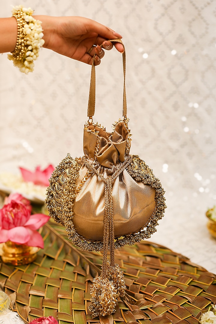 Brown Brocade Ghungroo Embroidered Potli Bag by 5 Elements at Pernia's Pop Up Shop