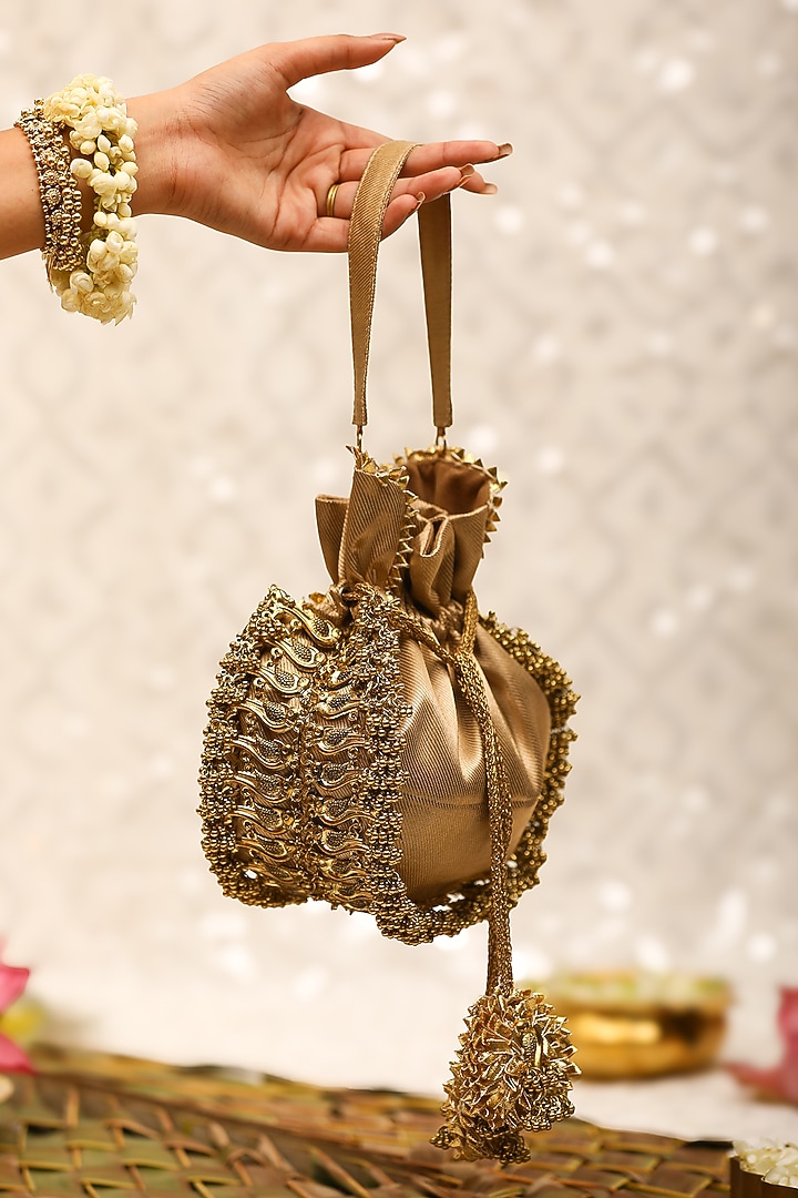 Brown Brocade Ghungroo Embroidered Potli Bag by 5 Elements at Pernia's Pop Up Shop