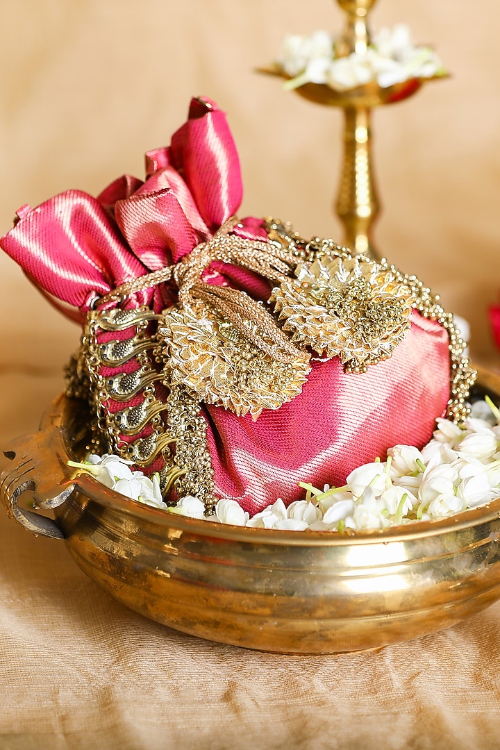 Pink Brocade Ghungroo Embroidered Potli Bag by 5 Elements at Pernia's Pop Up Shop
