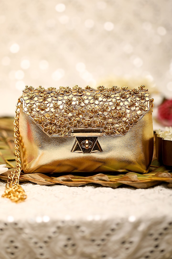 Gold Brocade Floral Embroidered Hand Bag by 5 Elements at Pernia's Pop Up Shop
