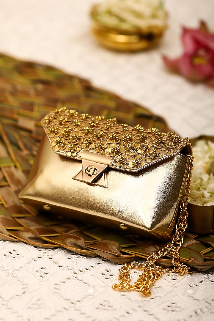 Gold Brocade Floral Embroidered Hand Bag by 5 Elements at Pernia's Pop Up Shop
