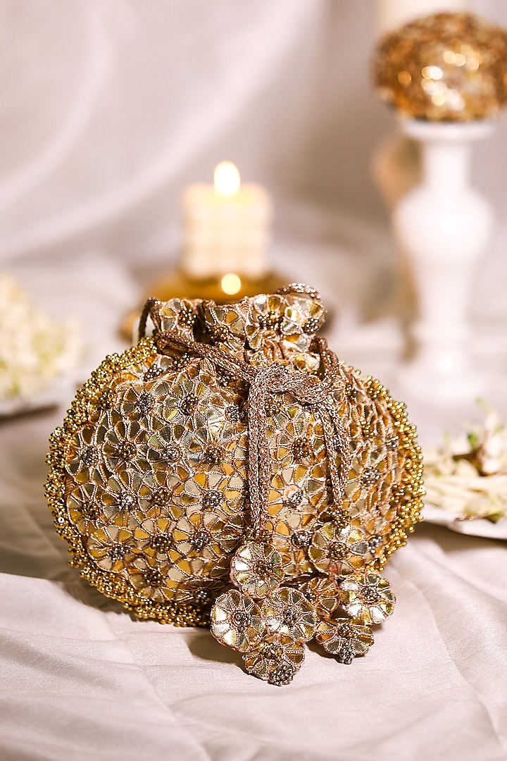 Gold PU Leather Gota Embroidered Potli Bag by 5 Elements at Pernia's Pop Up Shop