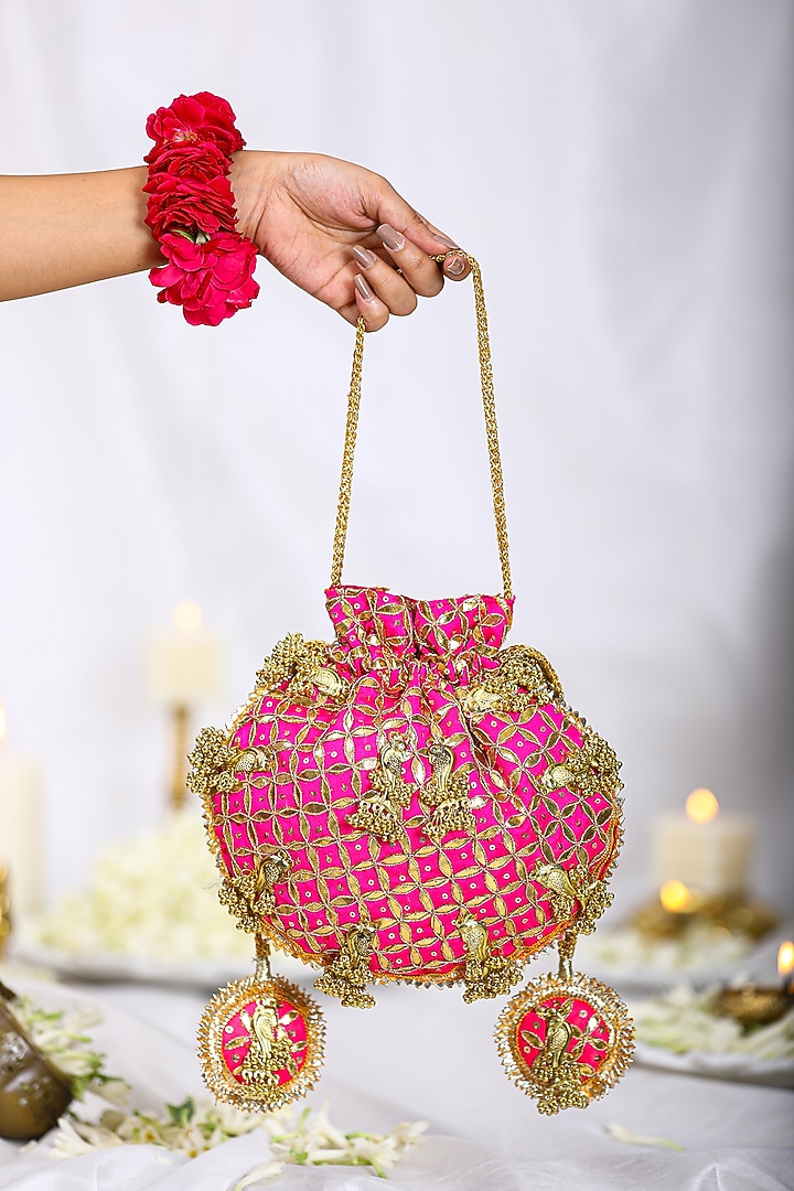 Pink Brocade Gota Embroidered Potli Bag by 5 Elements at Pernia's Pop Up Shop