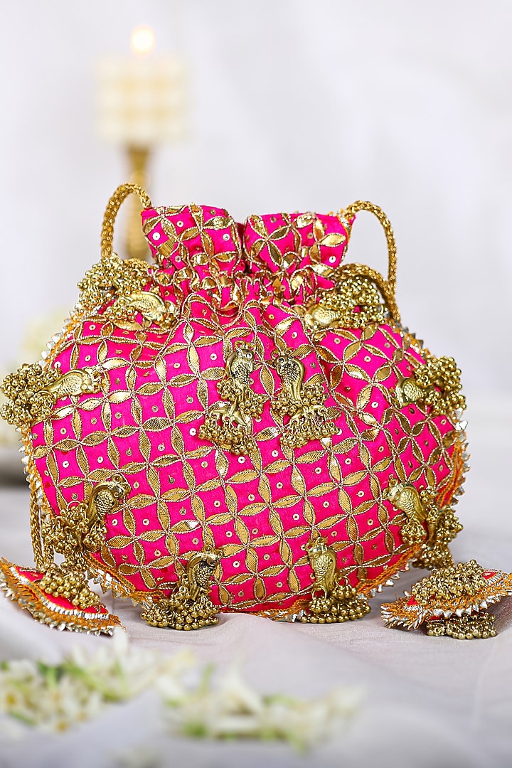 Pink Brocade Gota Embroidered Potli Bag by 5 Elements at Pernia's Pop Up Shop