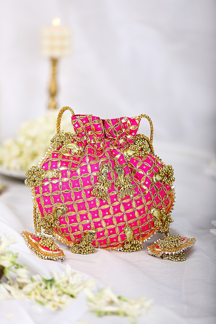 Pink Brocade Gota Embroidered Potli Bag by 5 Elements at Pernia's Pop Up Shop