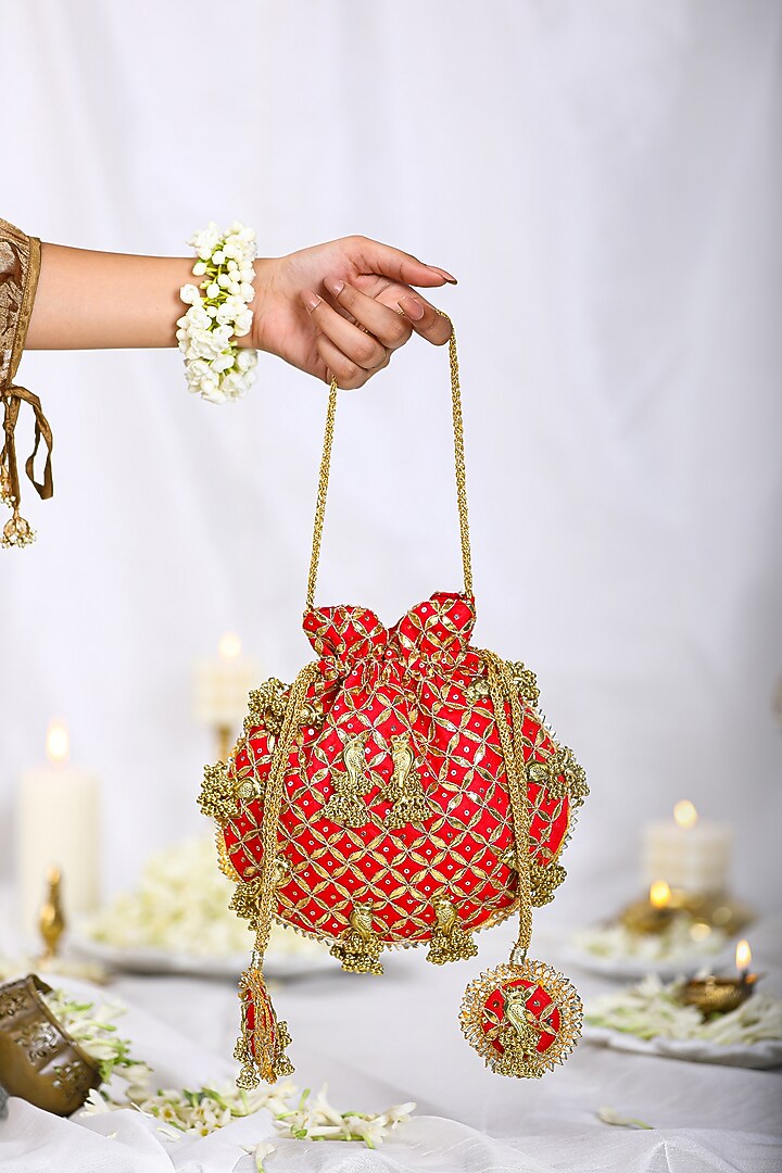 Orange Brocade Gota Embroidered Potli Bag by 5 Elements at Pernia's Pop Up Shop
