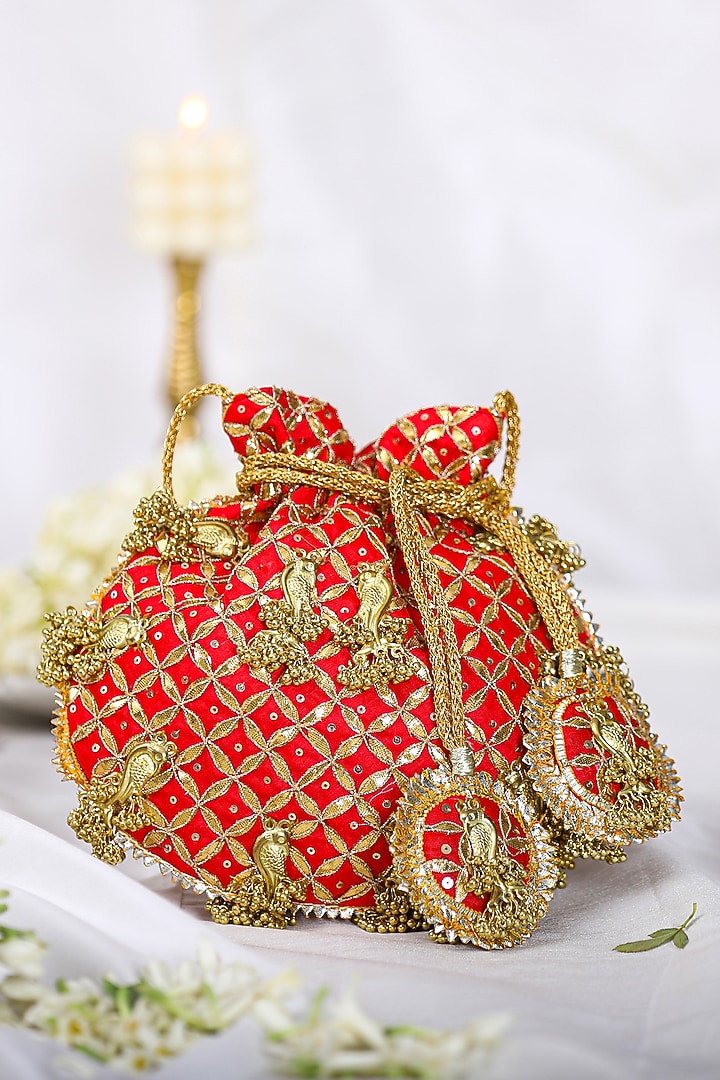 Orange Brocade Gota Embroidered Potli Bag by 5 Elements at Pernia's Pop Up Shop
