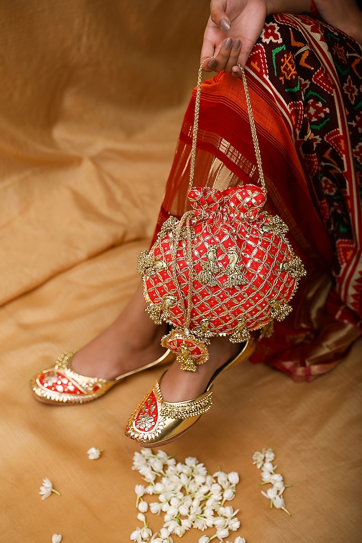 Orange Brocade Gota Embroidered Potli Bag by 5 Elements at Pernia's Pop Up Shop