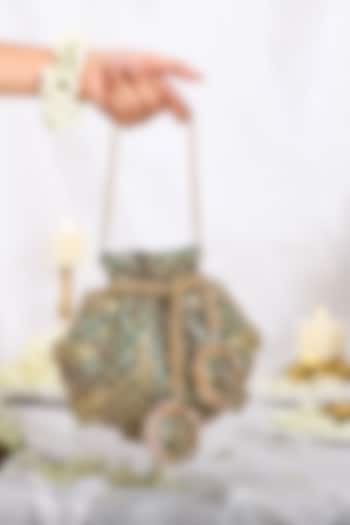 Green Brocade Gota Embroidered Potli Bag by 5 Elements at Pernia's Pop Up Shop