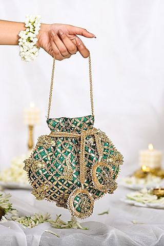 Green Brocade Gota Embroidered Potli Bag by 5 Elements