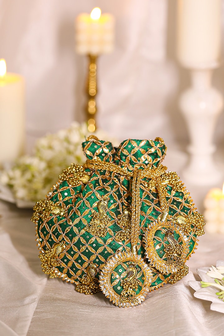 Green Brocade Gota Embroidered Potli Bag by 5 Elements at Pernia's Pop Up Shop