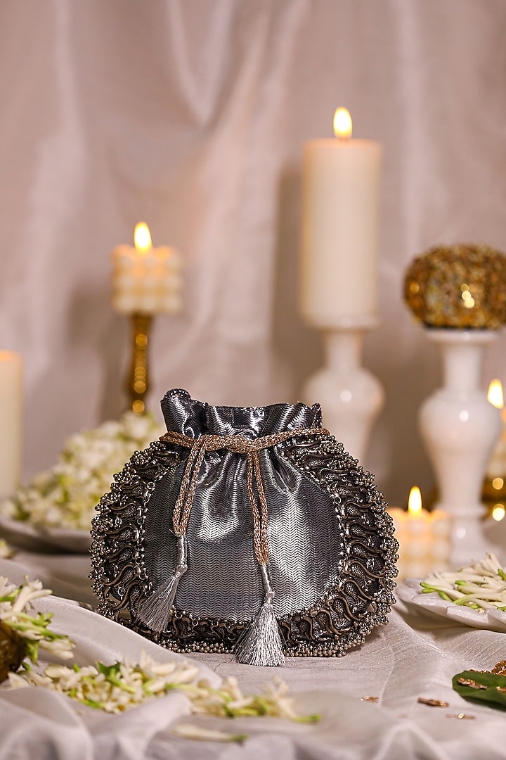 Grey Brocade Potli Bag by 5 Elements at Pernia's Pop Up Shop