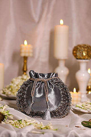 Grey Brocade Potli Bag by 5 Elements
