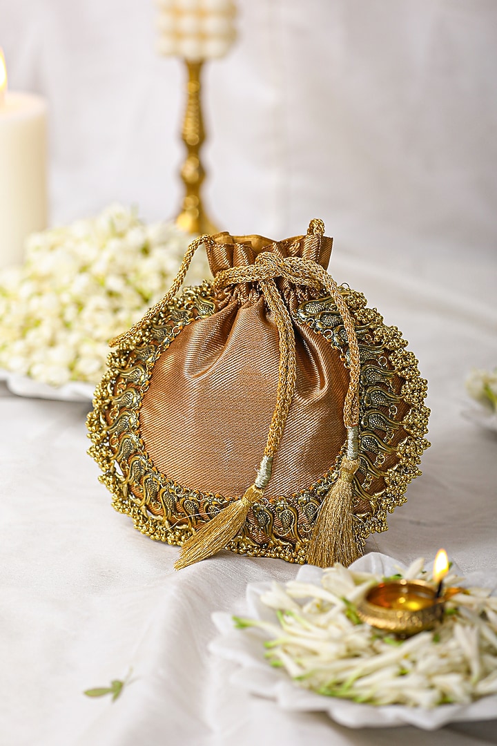 Beige Brocade Potli Bag by 5 Elements at Pernia's Pop Up Shop