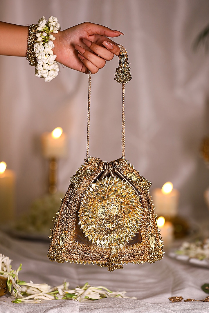 Gold Brocade Gota Embroidered Potli Bag by 5 Elements at Pernia's Pop Up Shop