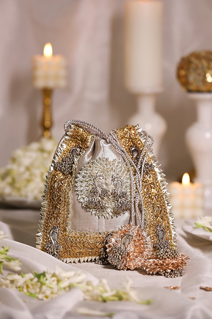 Silver Brocade Gota Embroidered Potli Bag by 5 Elements at Pernia's Pop Up Shop