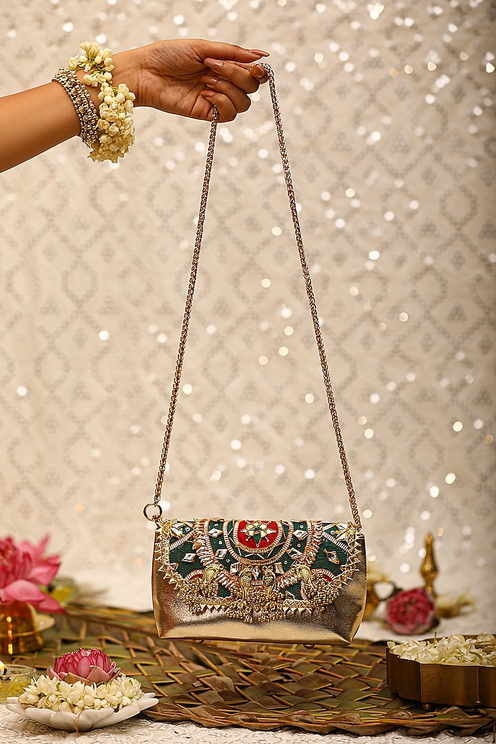 Green PU Leather Embroidered Handbag by 5 Elements at Pernia's Pop Up Shop