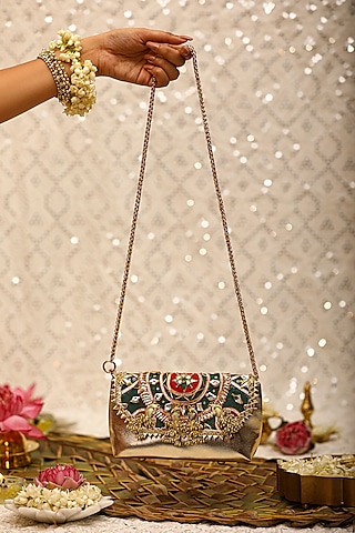 Green PU Leather Embroidered Handbag by 5 Elements