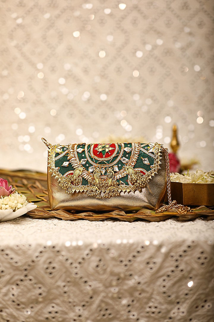Green PU Leather Embroidered Handbag by 5 Elements at Pernia's Pop Up Shop