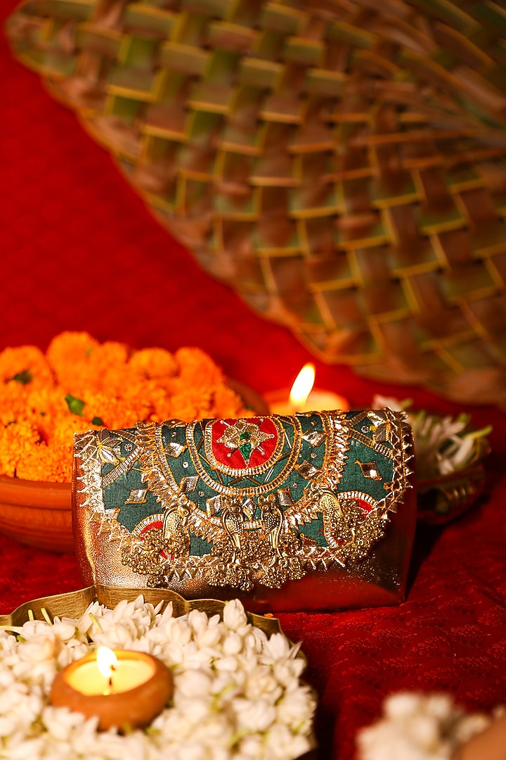 Green PU Leather Embroidered Handbag by 5 Elements at Pernia's Pop Up Shop