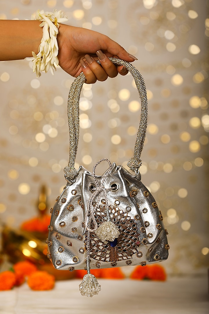 Silver PU Leather Embroidered Handbag by 5 Elements at Pernia's Pop Up Shop