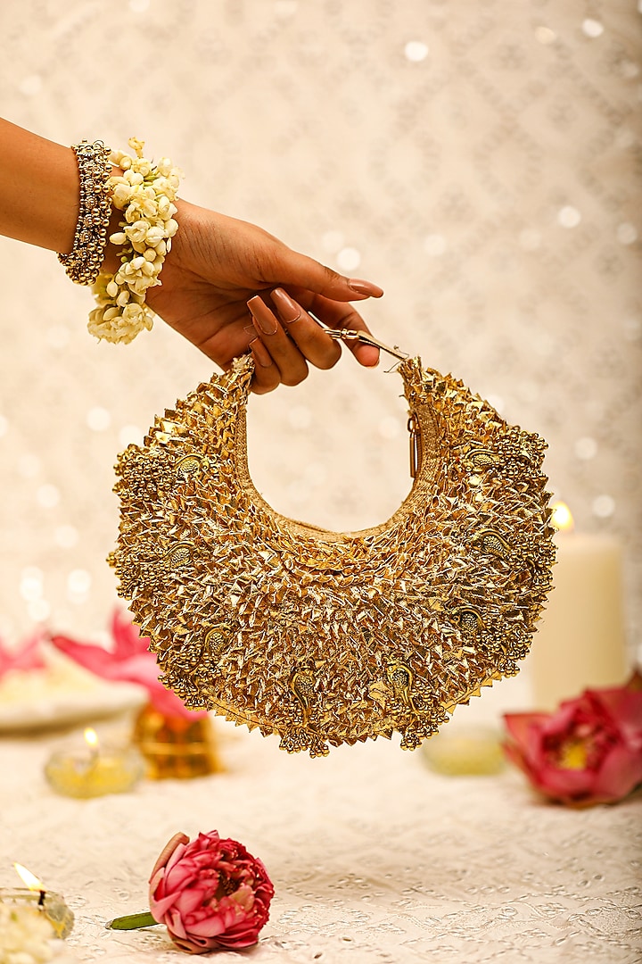 Gold Brocade Embroidered Potli Bag by 5 Elements at Pernia's Pop Up Shop