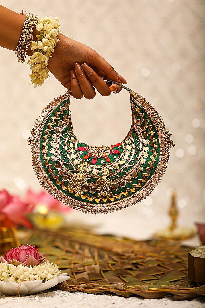 Green Brocade Embroidered Potli Bag by 5 Elements at Pernia's Pop Up Shop