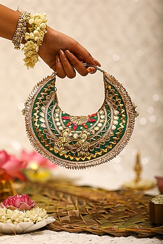 Green Brocade Embroidered Potli Bag by 5 Elements