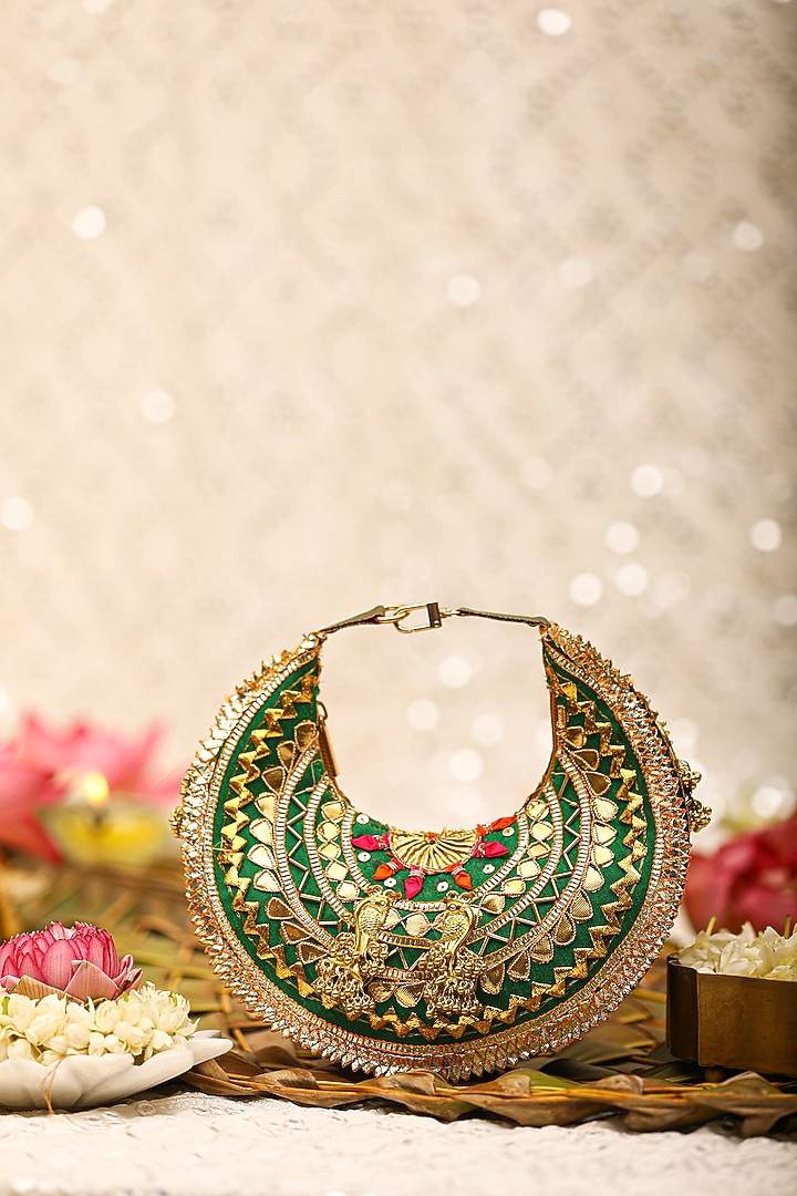 Green Brocade Embroidered Potli Bag by 5 Elements at Pernia's Pop Up Shop