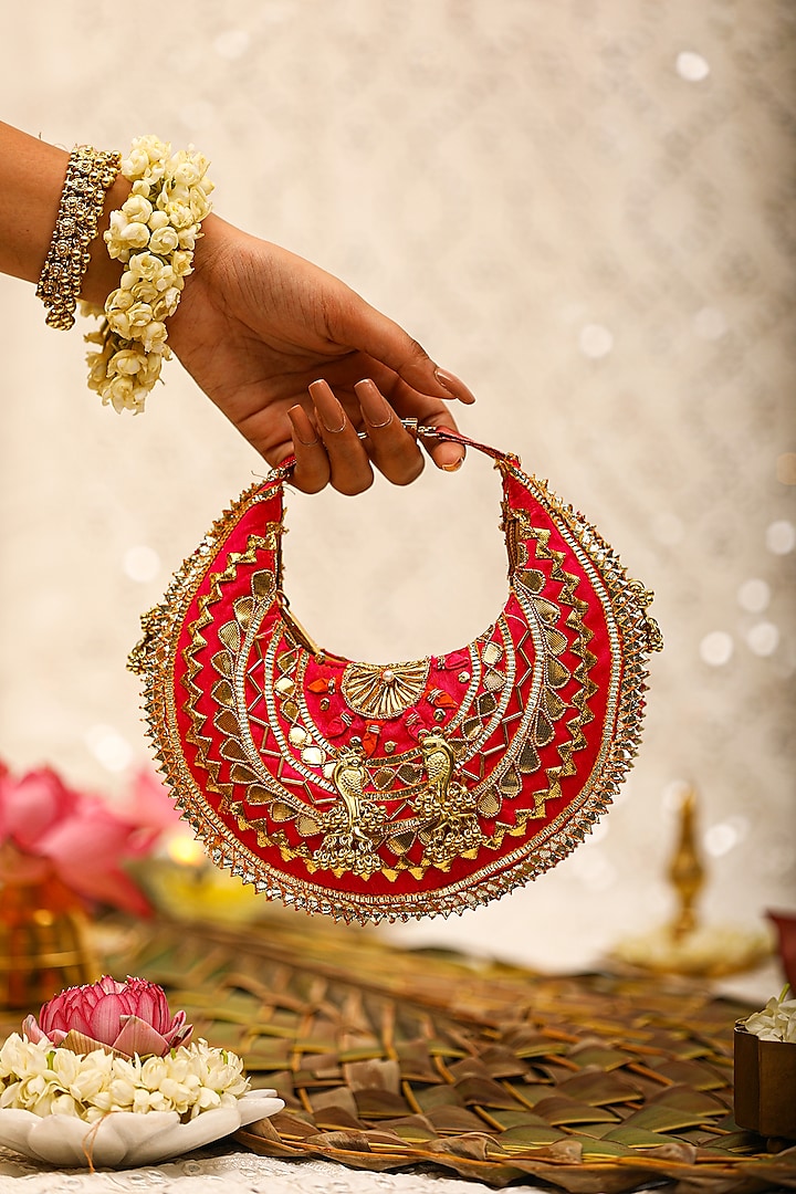 Red Brocade Embroidered Potli Bag by 5 Elements at Pernia's Pop Up Shop