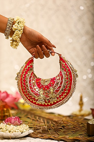 Red Brocade Embroidered Potli Bag by 5 Elements