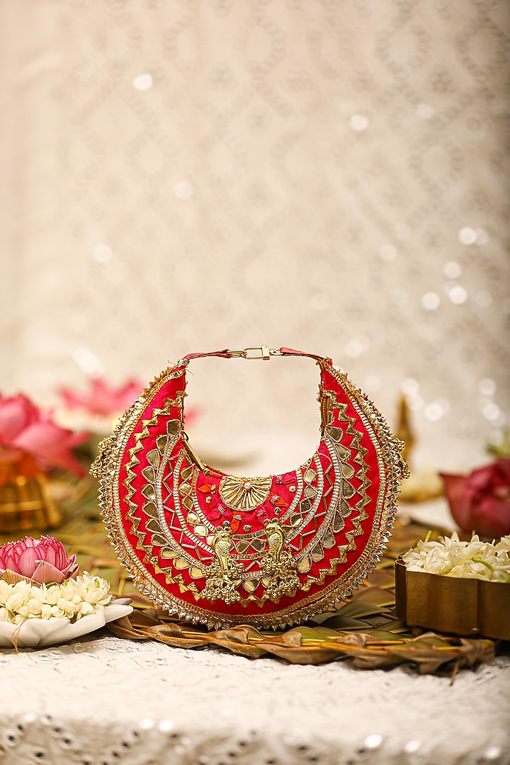 Red Brocade Embroidered Potli Bag by 5 Elements at Pernia's Pop Up Shop