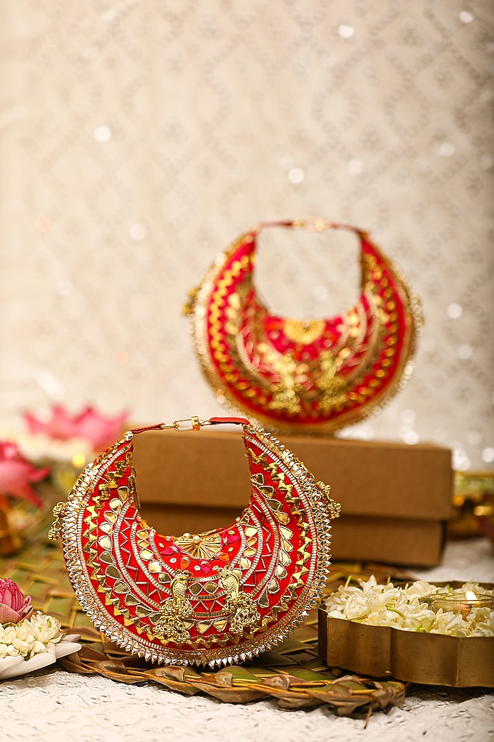 Red Brocade Embroidered Potli Bag by 5 Elements at Pernia's Pop Up Shop