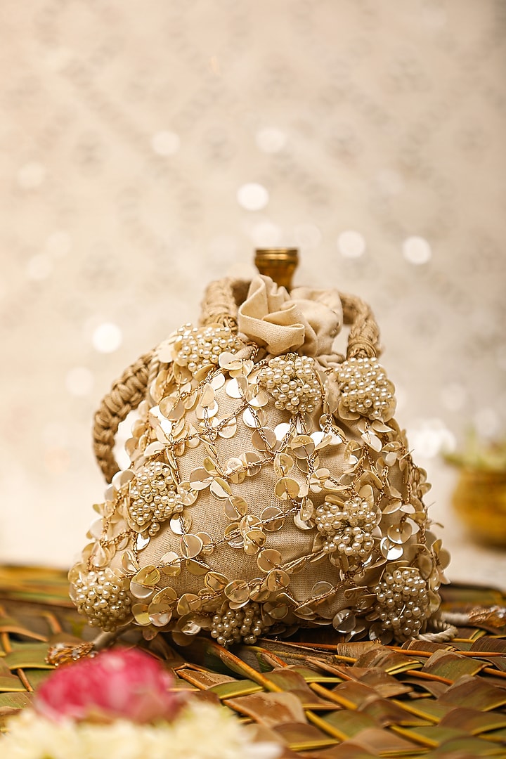 Off-White Brocade Pearl Bead Embroidered Potli Bag by 5 Elements at Pernia's Pop Up Shop