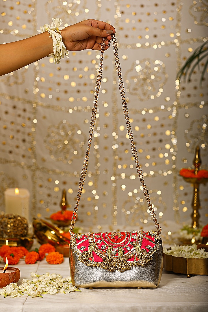 Red PU Leather Embroidered Handbag by 5 Elements at Pernia's Pop Up Shop